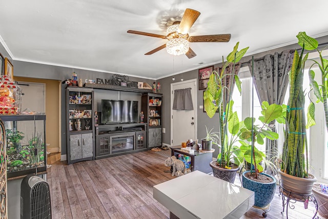 336 Niagara St, Park Forest, IL 60466 - living area featuring healthy amount of natural light, a ceiling fan, wood finished floors, baseboards, and crown molding