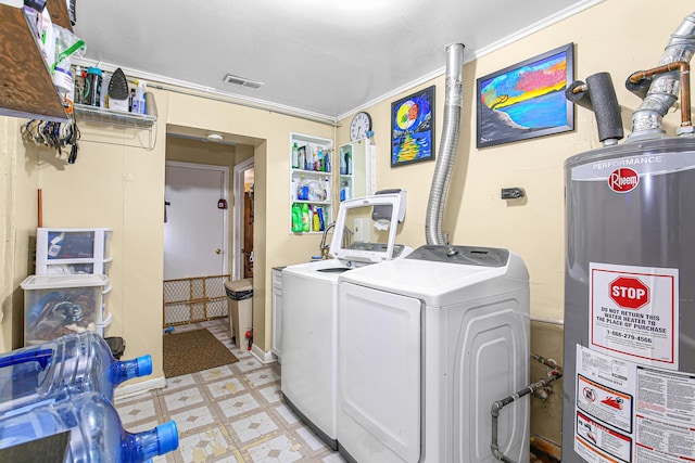 336 Niagara St, Park Forest, IL 60466 - laundry area featuring gas water heater, washing machine and clothes dryer, light floors, and crown molding