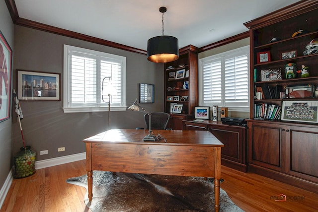 38868 Oakcrest Ln, Wadsworth, IL 60083 - office area featuring crown molding, light wood-type flooring, and baseboards
