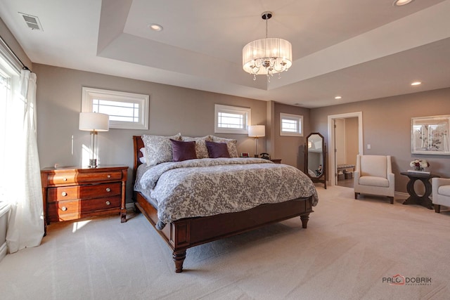 38868 Oakcrest Ln, Wadsworth, IL 60083 - bedroom with light carpet, a chandelier, baseboards, recessed lighting, and a raised ceiling