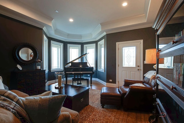 38868 Oakcrest Ln, Wadsworth, IL 60083 - living room with wood finished floors, baseboards, recessed lighting, a tray ceiling, and ornamental molding