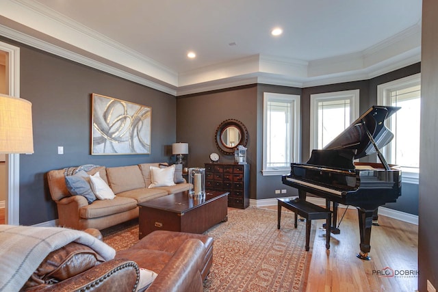 38868 Oakcrest Ln, Wadsworth, IL 60083 - living area featuring crown molding, light wood-style flooring, baseboards, a tray ceiling, and recessed lighting
