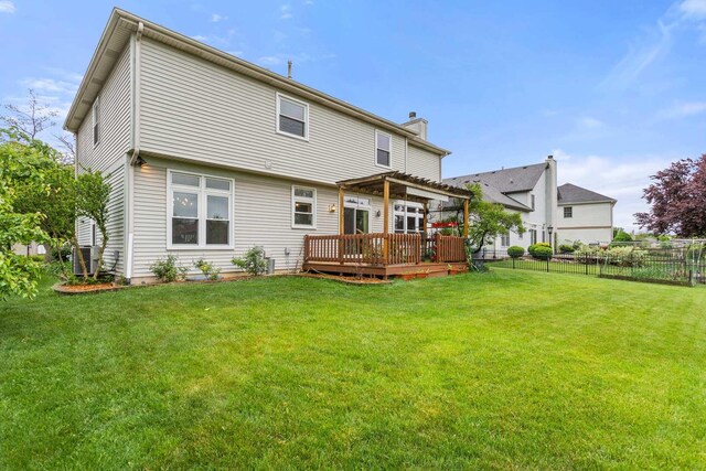 857 Bluestem Dr, Bolingbrook, IL 60440 - back of property featuring a wooden deck, a pergola, and a chimney