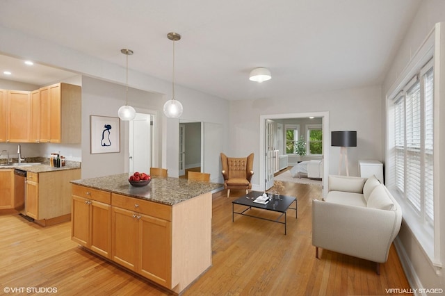 1620 W Olive Ave Unit 3A, Chicago, IL 60660 - kitchen with dishwasher, light wood finished floors, open floor plan, light stone countertops, and decorative light fixtures