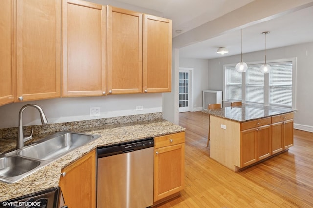 1620 W Olive Ave Unit 3A, Chicago, IL 60660 - kitchen featuring dishwasher, light wood-style flooring, a sink, hanging light fixtures, and light stone counters