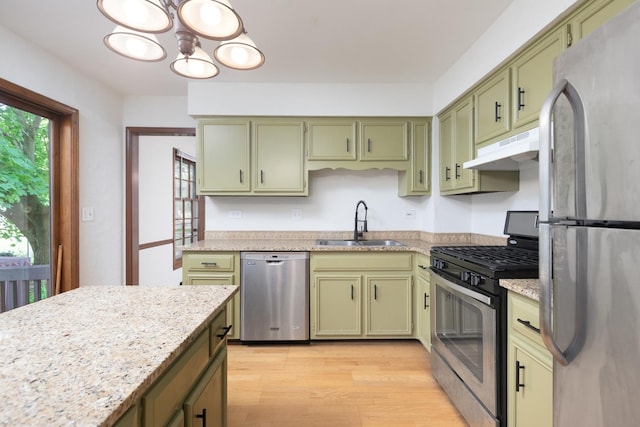 30W265 Briar Ln, Naperville, IL 60563 - kitchen featuring green cabinets, stainless steel appliances, under cabinet range hood, and a sink