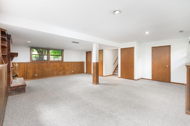 30W265 Briar Ln, Naperville, IL 60563 - basement featuring stairway, wainscoting, light carpet, recessed lighting, and wood walls