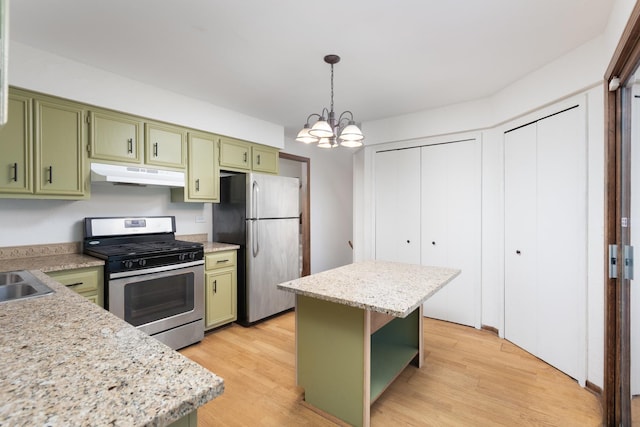 30W265 Briar Ln, Naperville, IL 60563 - kitchen with green cabinets, appliances with stainless steel finishes, under cabinet range hood, open shelves, and a chandelier