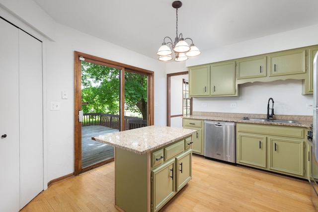 30W265 Briar Ln, Naperville, IL 60563 - kitchen featuring green cabinetry, dishwasher, a sink, a chandelier, and light wood finished floors