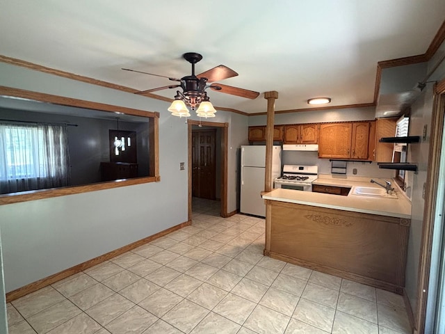 1 Marlin Dr, Oswego, IL 60543 - kitchen with white appliances, under cabinet range hood, ceiling fan, brown cabinets, and a sink