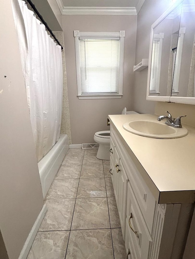 1 Marlin Dr, Oswego, IL 60543 - bathroom featuring vanity, crown molding, toilet, baseboards, and shower / bath combo