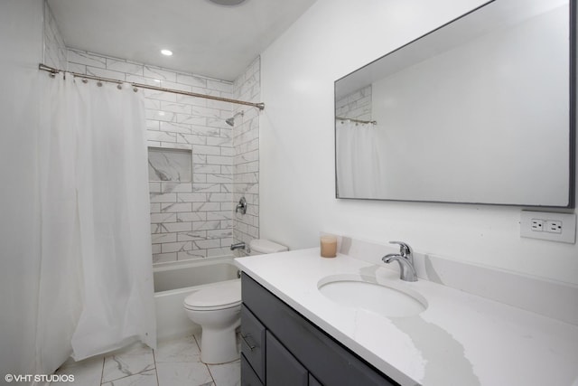 2110 Hermon Ave, Zion, IL 60099 - full bathroom with vanity, marble finish floors, toilet, shower / bath combo, and recessed lighting