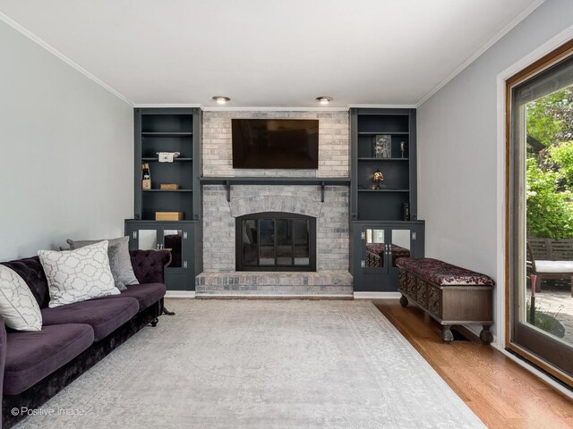 421 S River Rd, Naperville, IL 60540 - living area featuring built in features, ornamental molding, wood finished floors, and a fireplace