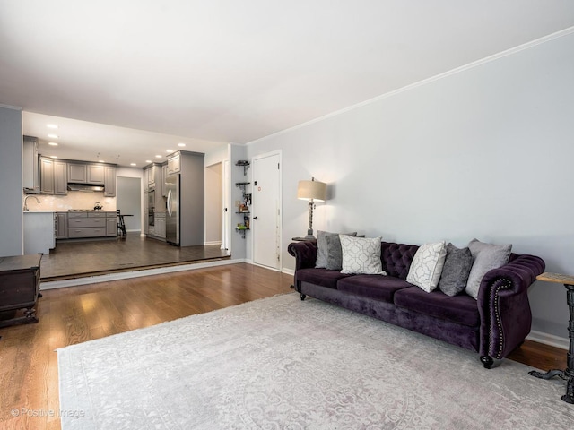 421 S River Rd, Naperville, IL 60540 - living room with dark wood-type flooring, crown molding, baseboards, and recessed lighting