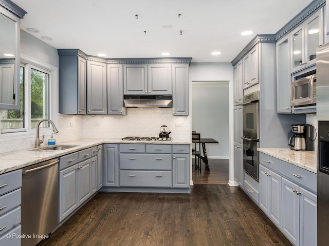 421 S River Rd, Naperville, IL 60540 - kitchen featuring gray cabinetry, stainless steel appliances, a sink, under cabinet range hood, and recessed lighting