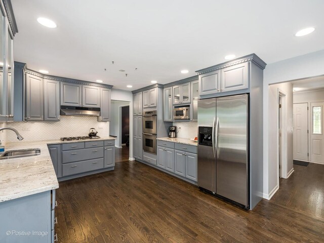 421 S River Rd, Naperville, IL 60540 - kitchen featuring stainless steel appliances, gray cabinetry, a sink, under cabinet range hood, and dark wood-type flooring