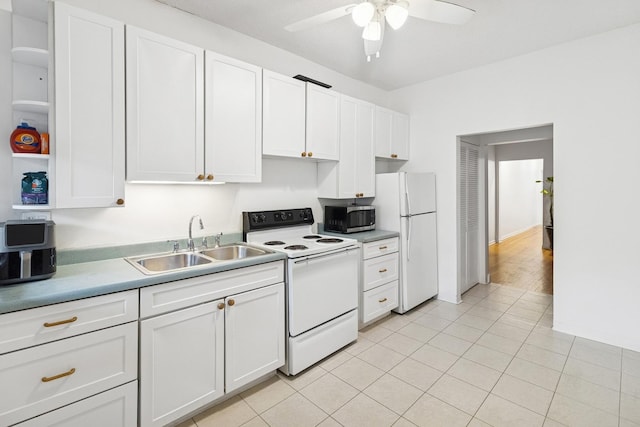 5337 S Ellis Ave Unit 1C, Chicago, IL 60615 - kitchen featuring white appliances, a sink, ceiling fan, open shelves, and white cabinets
