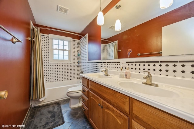 1005 69th St, Darien, IL 60561 - full bath featuring toilet, double vanity, shower / bathtub combination with curtain, and tile patterned flooring
