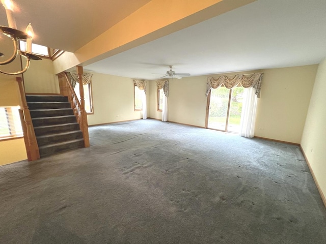 7750 Northfield Ln, Tinley Park, IL 60487 - unfurnished living room with carpet, stairs, baseboards, and ceiling fan