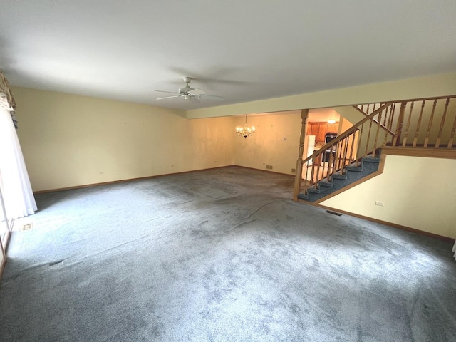 7750 Northfield Ln, Tinley Park, IL 60487 - unfurnished living room featuring a ceiling fan, a chandelier, stairs, carpet flooring, and baseboards