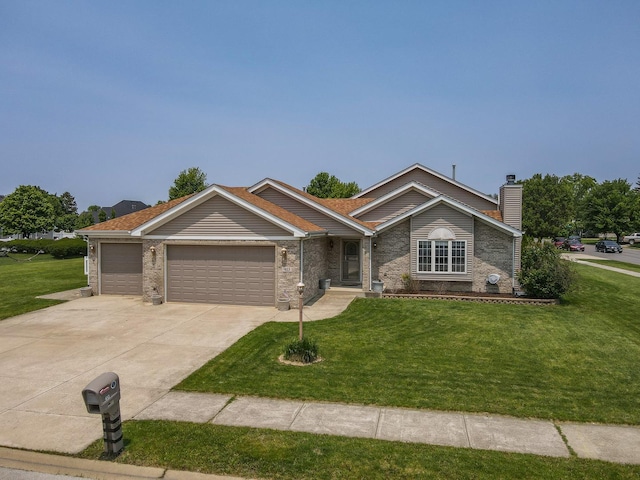 413 W Cook St, Manteno, IL 60950 - ranch-style home featuring an attached garage, a front yard, concrete driveway, and a chimney