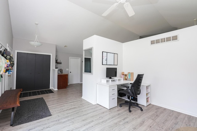 413 W Cook St, Manteno, IL 60950 - home office featuring light wood-style flooring, lofted ceiling, ceiling fan, and baseboards