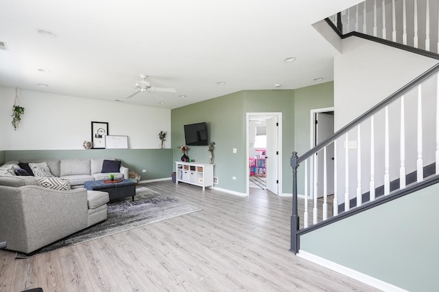 413 W Cook St, Manteno, IL 60950 - living area with wood finished floors, ceiling fan, stairway, baseboards, and recessed lighting