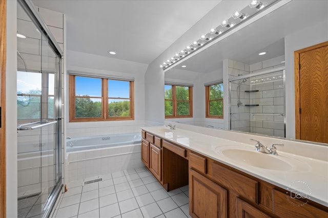 10N738 Prairie Xing, Elgin, IL 60124 - bathroom featuring healthy amount of natural light, double vanity, a stall shower, and recessed lighting