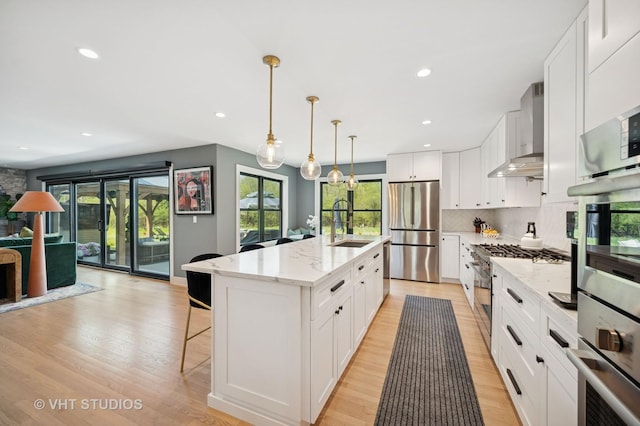 490 S Waukegan Rd, Lake Forest, IL 60045 - kitchen with stainless steel appliances, wall chimney exhaust hood, a sink, open floor plan, and light wood-type flooring