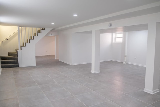 2702 N 76th Ave, Elmwood Park, IL 60707 - below grade area featuring stairs, light tile patterned floors, recessed lighting, and baseboards