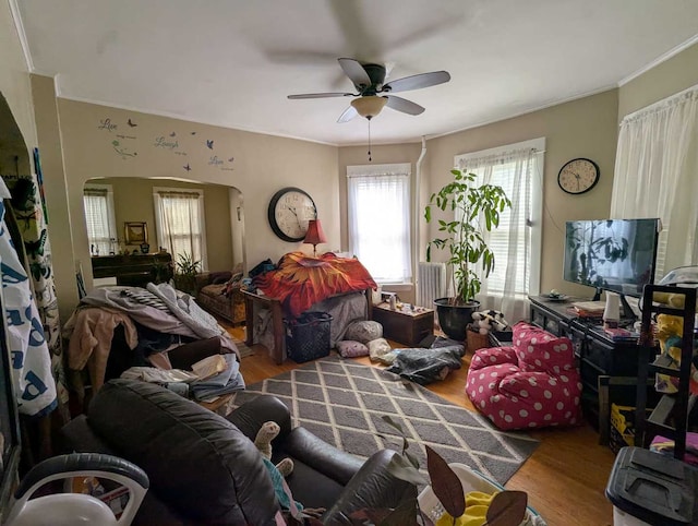 1215 3rd St, Moline, IL 61265 - living area featuring wood finished floors, a ceiling fan, arched walkways, and ornamental molding