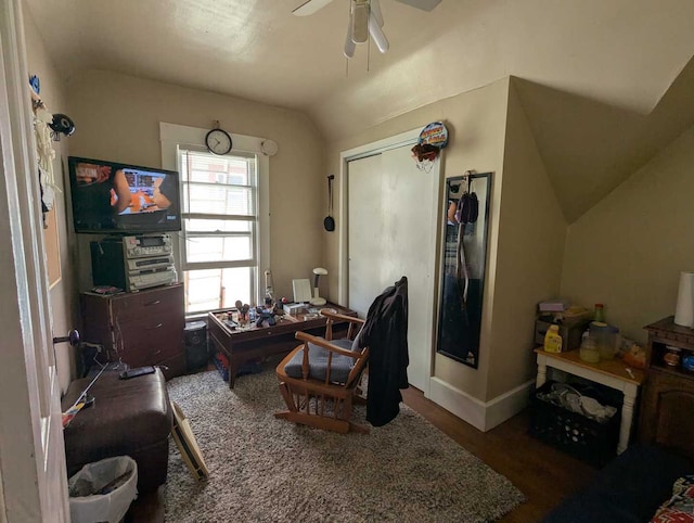 1215 3rd St, Moline, IL 61265 - home office featuring vaulted ceiling, a ceiling fan, and baseboards