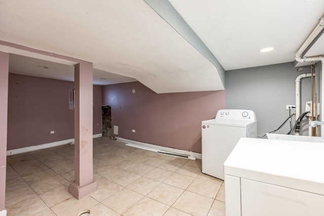 3924 W Greenleaf Ave, Lincolnwood, IL 60712 - washroom featuring washing machine and dryer, baseboards, light tile patterned floors, and recessed lighting