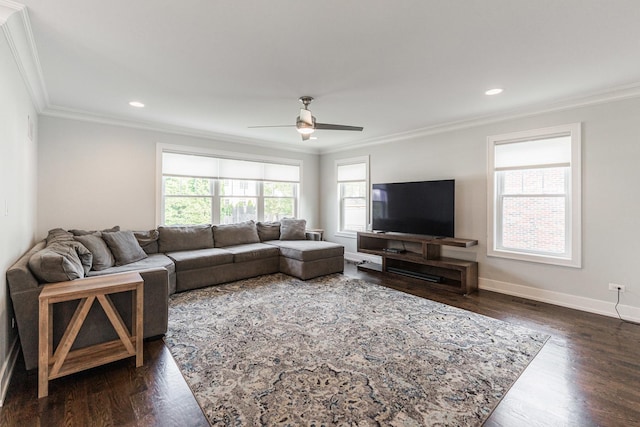 732 S Mitchell Ave, Elmhurst, IL 60126 - living area featuring ornamental molding, a ceiling fan, dark wood finished floors, recessed lighting, and baseboards