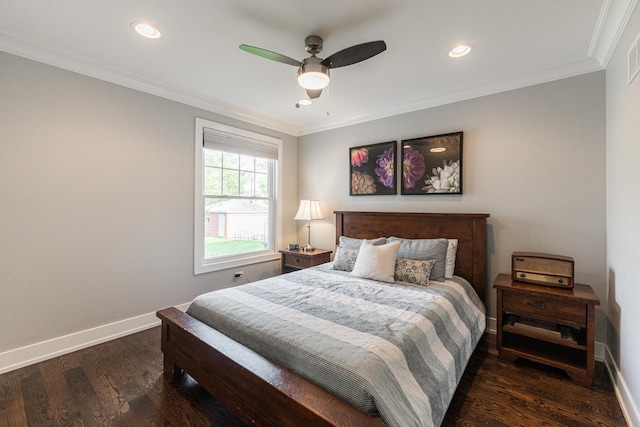 732 S Mitchell Ave, Elmhurst, IL 60126 - bedroom with crown molding, baseboards, wood finished floors, recessed lighting, and a ceiling fan
