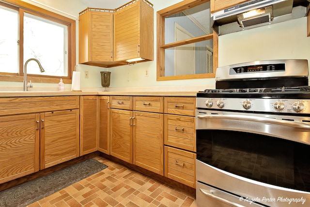 5704 N Woodland Dr, Mchenry, IL 60050 - kitchen with gas stove, ventilation hood, brick patterned floors, light countertops, and a sink