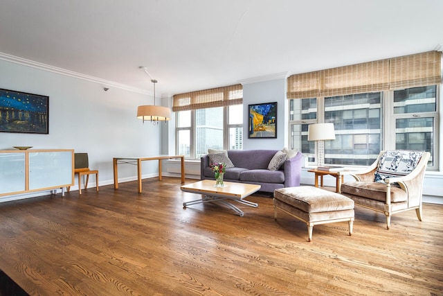 25 E Superior St Unit 2805, Chicago, IL 60611 - living room featuring crown molding, wood finished floors, and baseboards