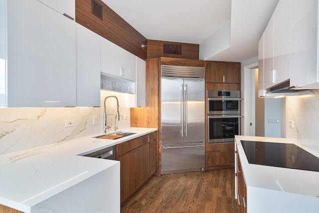 25 E Superior St Unit 2805, Chicago, IL 60611 - kitchen featuring appliances with stainless steel finishes, a sink, dark wood finished floors, decorative backsplash, and white cabinetry