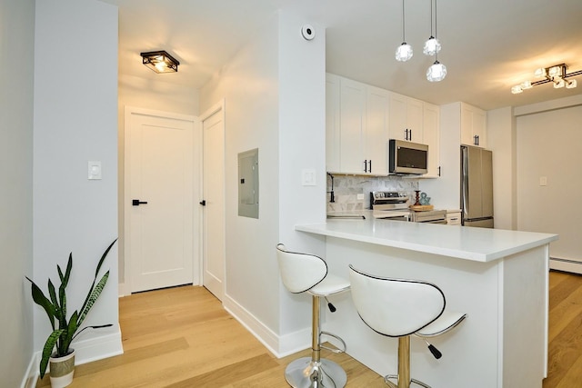 6300 N Sheridan Rd Unit 112, Chicago, IL 60660 - kitchen featuring appliances with stainless steel finishes, electric panel, light wood-style flooring, light countertops, and a breakfast bar area