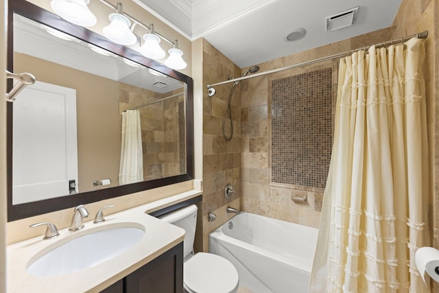506 Carleton Ave, Glen Ellyn, IL 60137 - bathroom featuring toilet, shower / bath combination with curtain, vanity, and crown molding