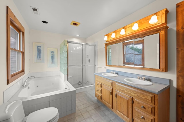 506 Carleton Ave, Glen Ellyn, IL 60137 - full bath with toilet, a shower stall, a tub with jets, double vanity, and tile patterned flooring