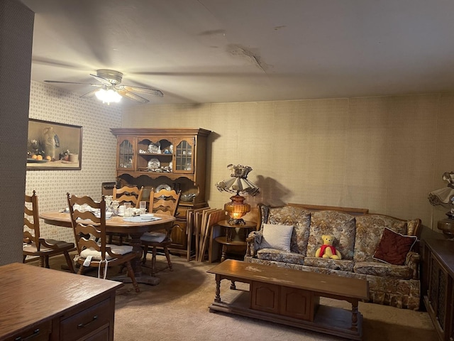 1410 Brentwood Pl, Joliet, IL 60435 - living room featuring ceiling fan, light colored carpet, and wallpapered walls
