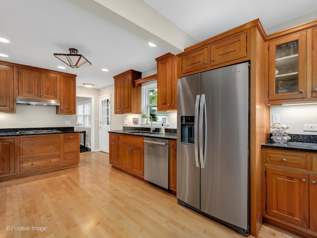 407 Turner Ave, Glen Ellyn, IL 60137 - kitchen with appliances with stainless steel finishes, under cabinet range hood, a sink, brown cabinets, and recessed lighting