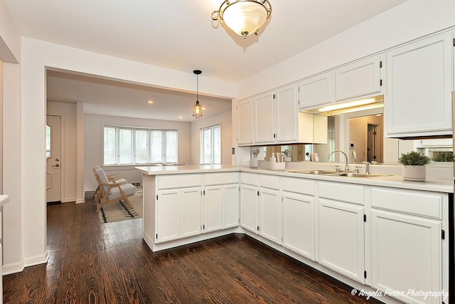 33978 N Lake Rd, Grayslake, IL 60030 - kitchen featuring a sink, light countertops, dark wood-type flooring, white cabinets, and a peninsula