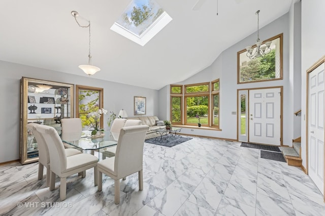841 Bonnie Brae Ln, Bolingbrook, IL 60440 - dining room featuring high vaulted ceiling, baseboards, plenty of natural light, light marble finish floors, and a skylight