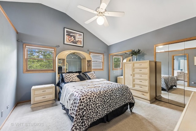 841 Bonnie Brae Ln, Bolingbrook, IL 60440 - bedroom featuring light colored carpet, multiple windows, high vaulted ceiling, ceiling fan, and baseboards