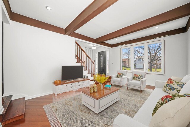 975 Patriot Ln, Hoffman Estates, IL 60192 - living area featuring beamed ceiling, light wood-style floors, stairs, baseboards, and recessed lighting