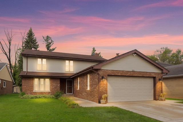 2015 Busse Hwy, Des Plaines, IL 60016 - traditional home featuring a garage, concrete driveway, brick siding, and a lawn