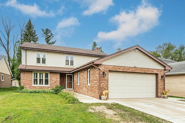2015 Busse Hwy, Des Plaines, IL 60016 - traditional home with an attached garage, driveway, a front lawn, brick siding, and a chimney