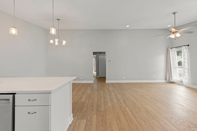 1802 77th St, Naperville, IL 60565 - kitchen with open floor plan, stainless steel dishwasher, light countertops, light wood-type flooring, and a ceiling fan